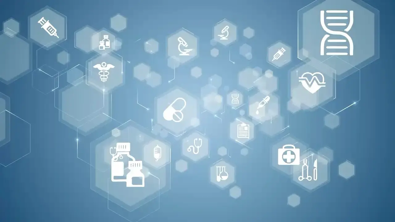 Medical icons set in a network of hexagons