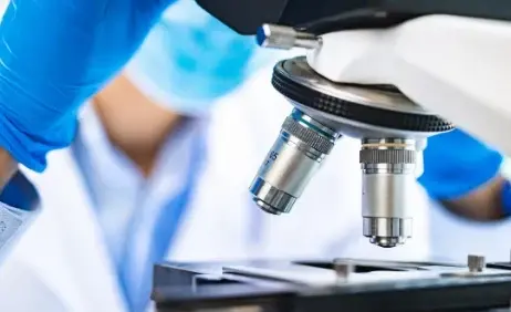 A gloved hand adjusting a laboratory microscope